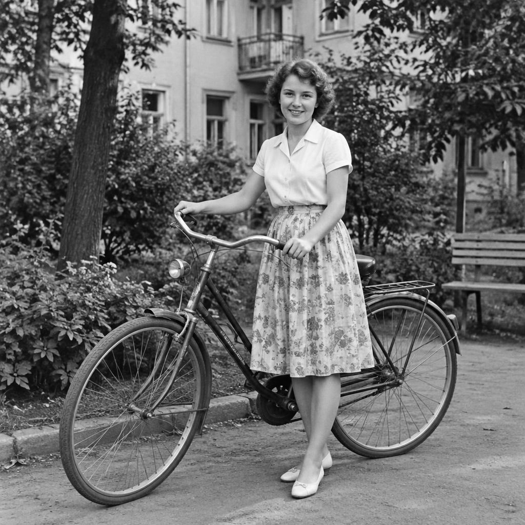 Исходная чёрно-белая фотография девушки с велосипедом